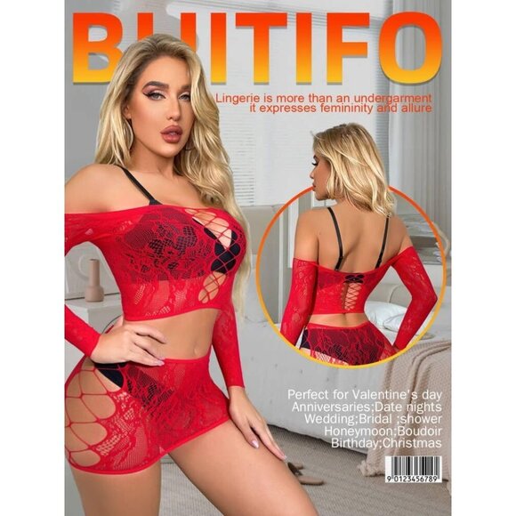 Red  Women’s Fishnet Lingerie Set Sexy Babydoll Bodysuit Nightwear Outfit - Picture 2 of 5